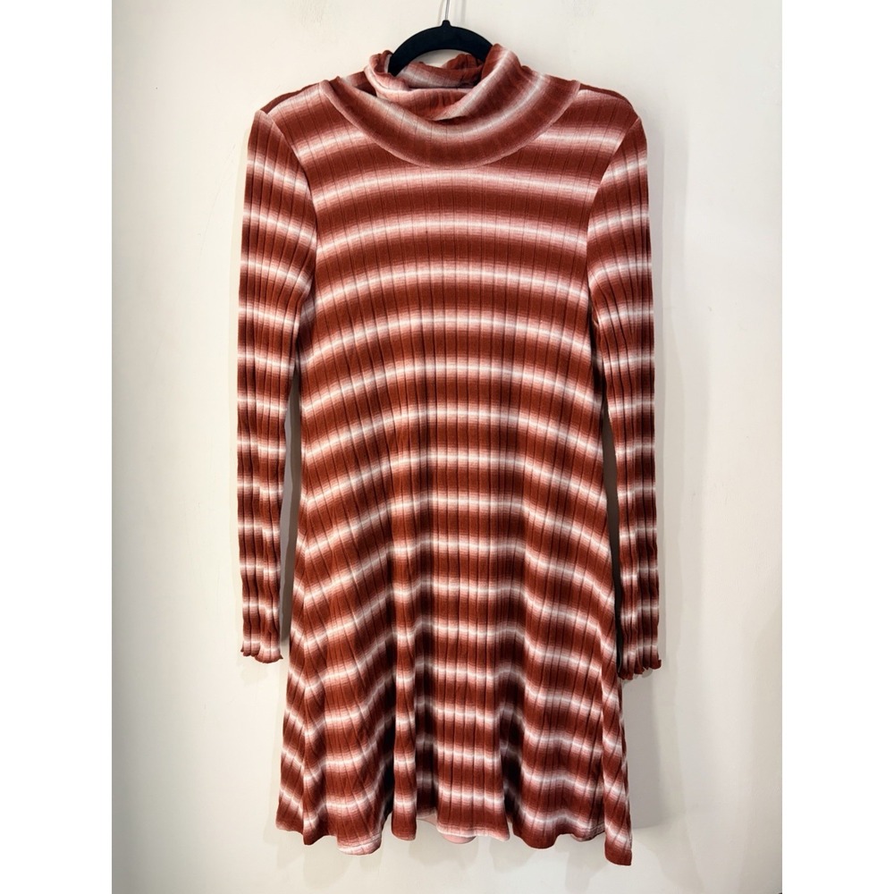 Allard State Rib Knit Turtleneck Swing Dress Rust Stripe Long Sleeve Large